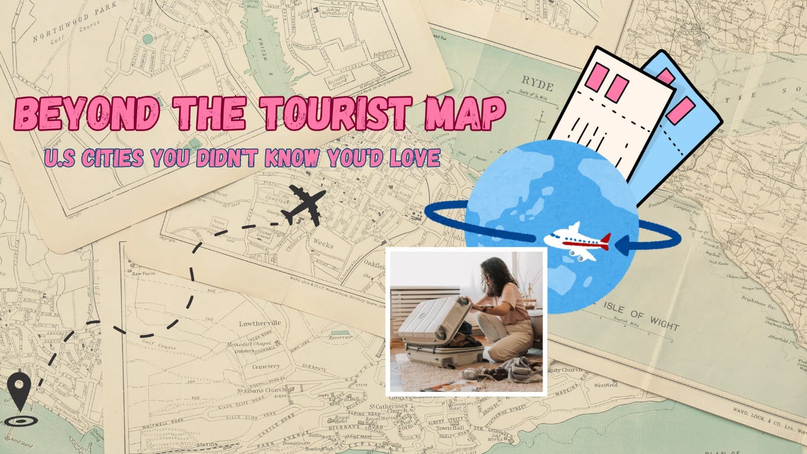 Illustrated travel-themed banner with vintage maps, a globe, an airplane, and a woman packing a suitcase.