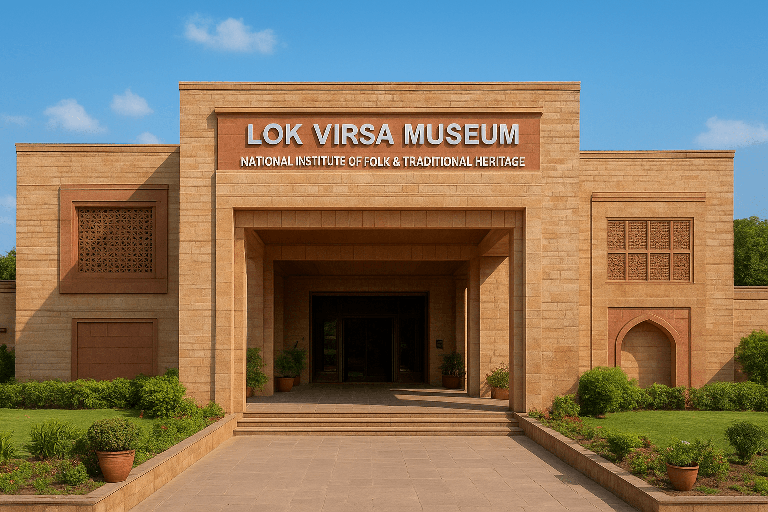 Front view of Lok Virsa Museum in Islamabad showing its sandstone architecture, large entrance archway, carved decorative panels, green lawns, and clear blue sky.