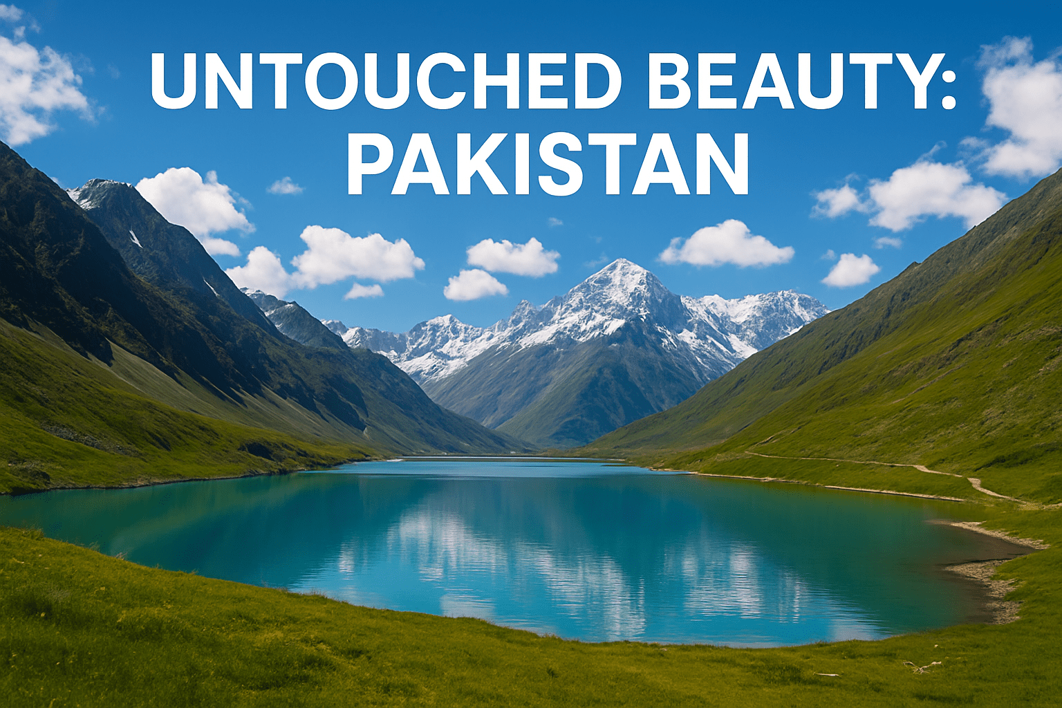 A breathtaking view of an alpine lake in Pakistan surrounded by lush green valleys and towering snow-covered mountains under a bright blue sky, showcasing the untouched natural beauty of the region.