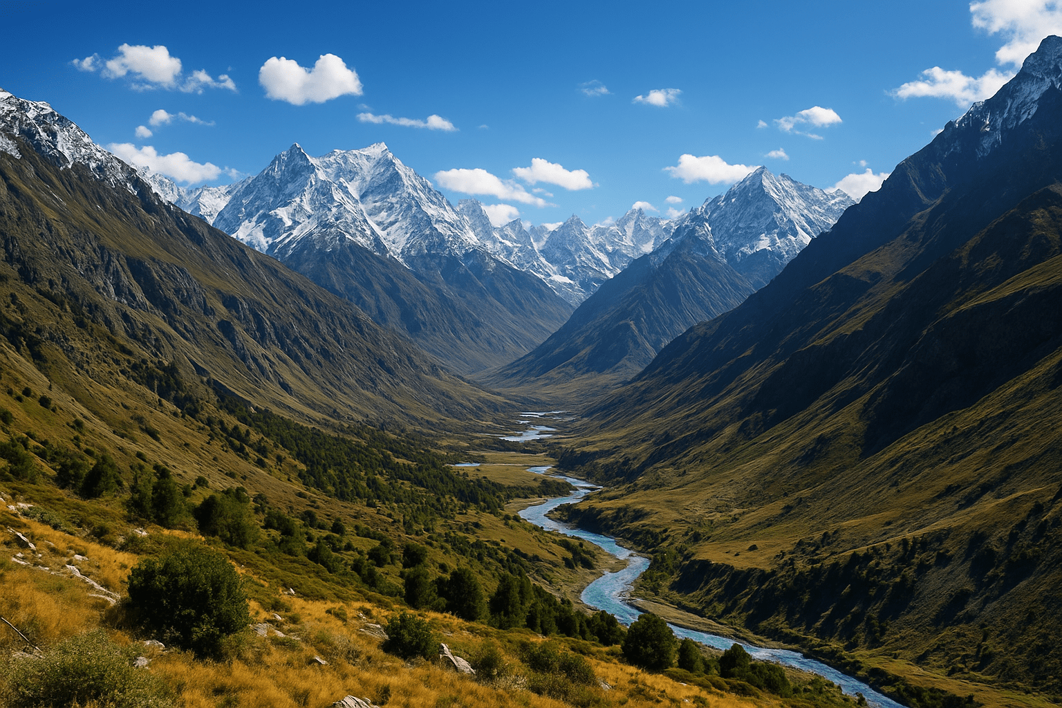 Panoramic view of the Hindu Kush Mountains with snow-covered peaks, a winding turquoise river, and lush green valleys under a bright blue sky.