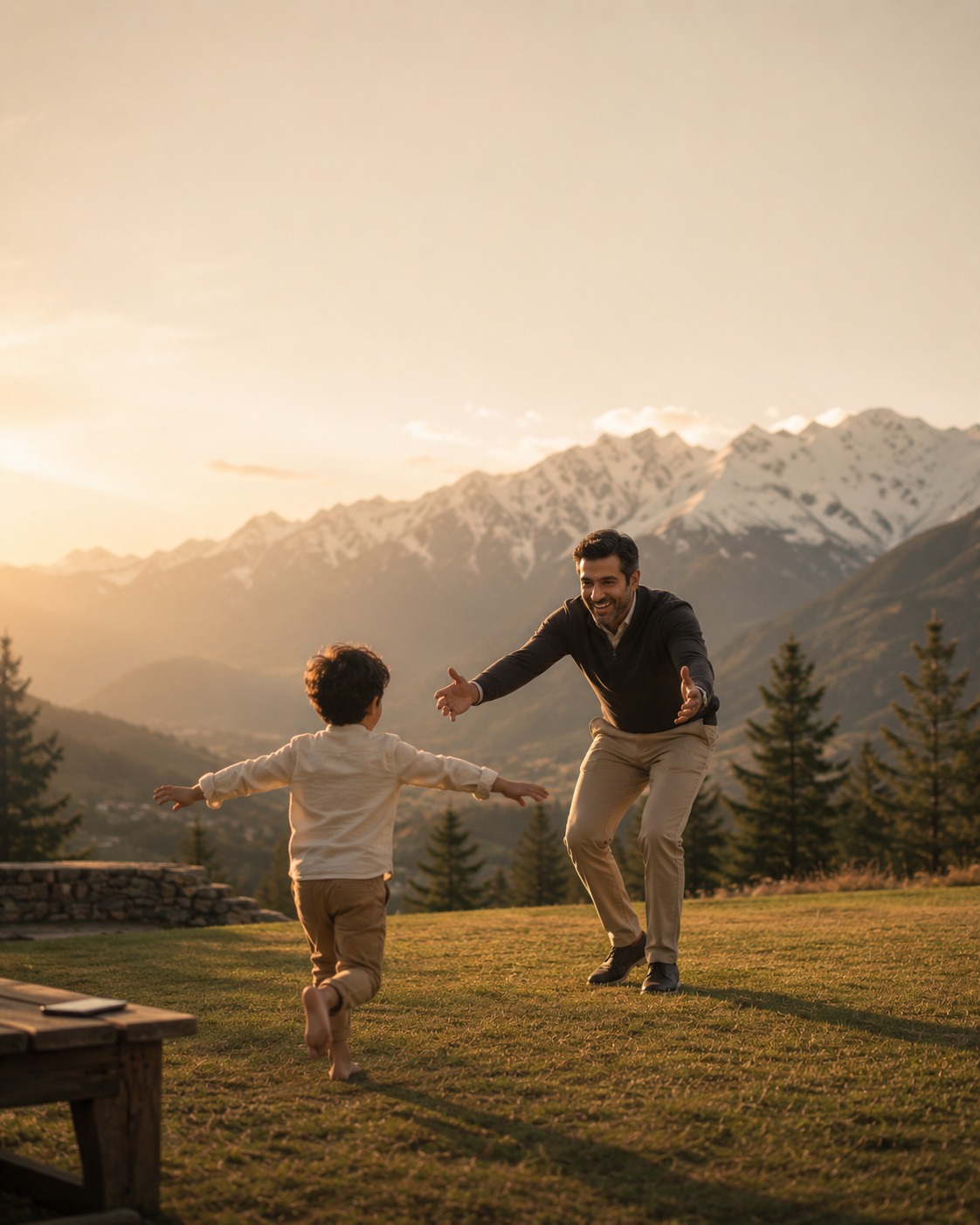 A father and son running toward each other, arms open, at golden hour